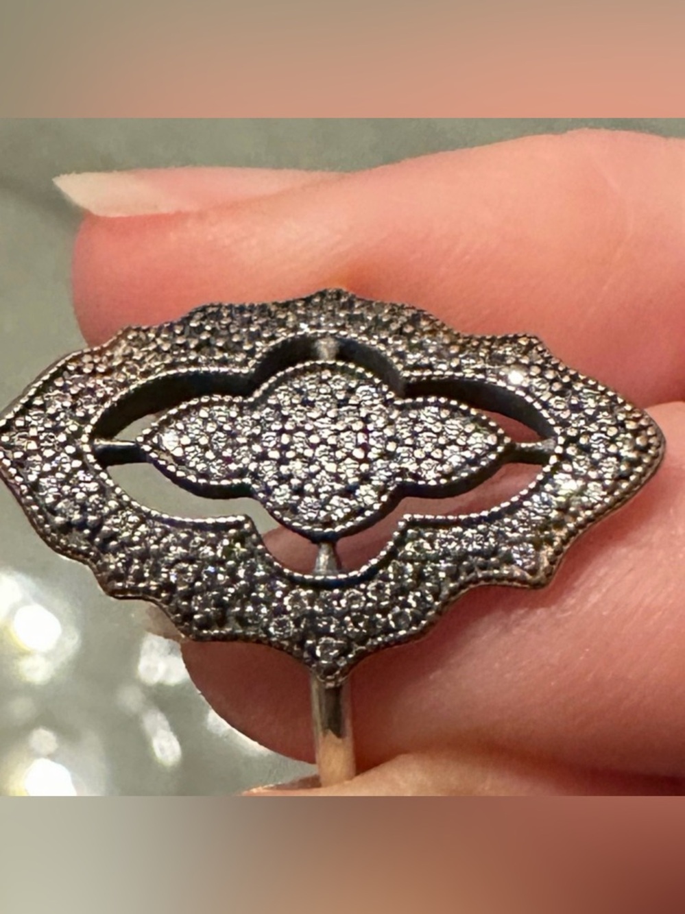 Retired Pandora Silver Pave Quatrefoil Art Deco Style Vintage Ring 6.5